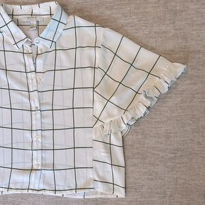 Ivory Sheer Square Print Button Up with Ruffle Sleeves